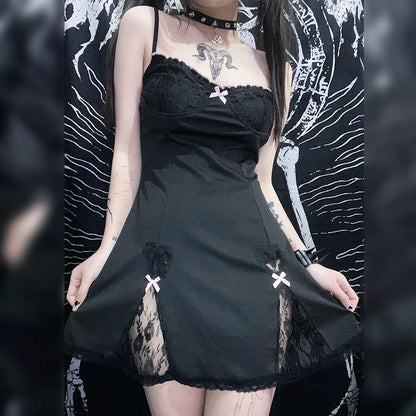 Women Lace Trim Lolita Dress Contrast Color V-neck Sleeveless Bow Goth Dark Aesthetic A-line Dress Y2k Fairy Grunge Streetwear