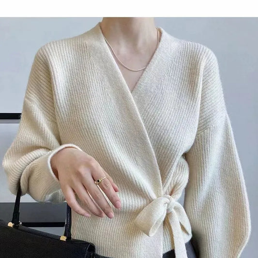 Early Autumn Bow Tie V-Neck Knit Women's Short High Waist Cardigan Sweater Coat Overlay Design Sense Top