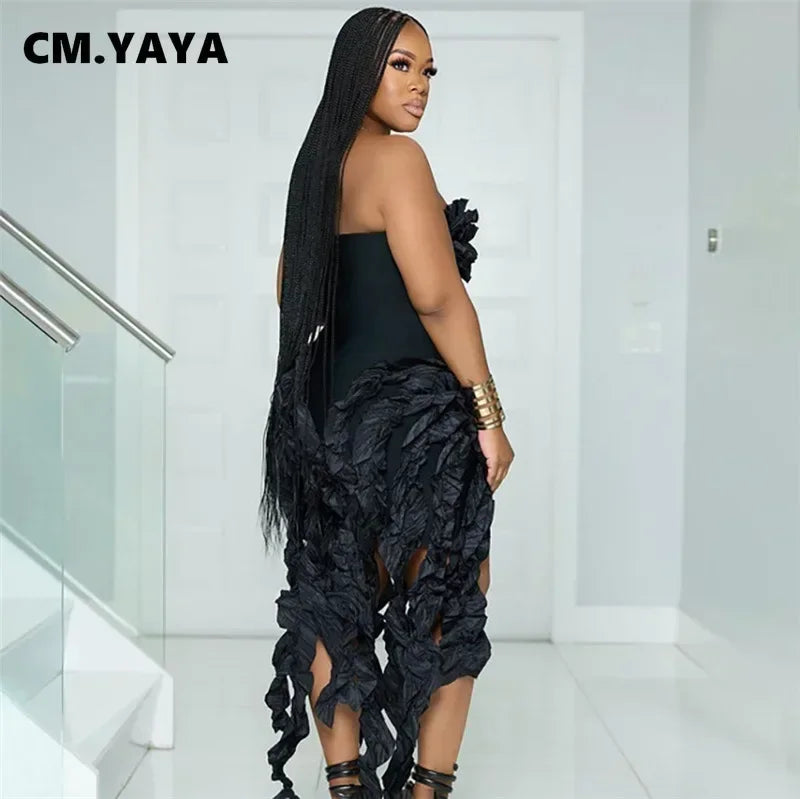 CM.YAYA Women Strapless Ruffles Tassel Splicing Irregular Birthday Bodycon Midi Maxi Dress 2023 Even Sexy Party Dresses Vestidos