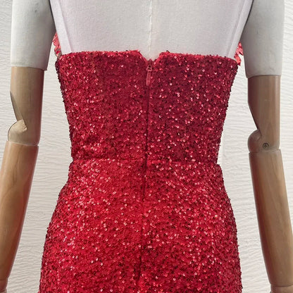 Ladies' 2024 New Club Sexy Red Sleeveless Sequined Slit Hem Diamonds Maxi Dresses