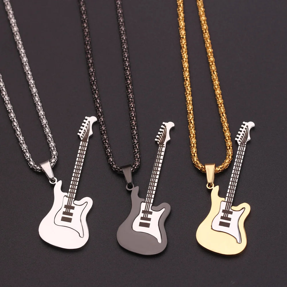 Creative Guitar Pendant Necklace Punk Clavicle Chain for Women Men Fashion Metal Sweater Chain Jewelry Accessories Gift