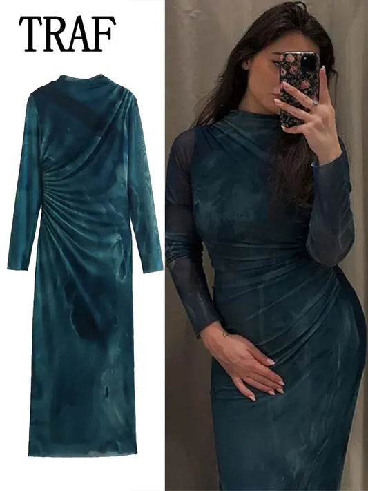 TRAF Woman Silk Mesh Midi Dress 2023 Autumn Women Long Sleeve Vintage Long Dress Female Elegant Slim Dress