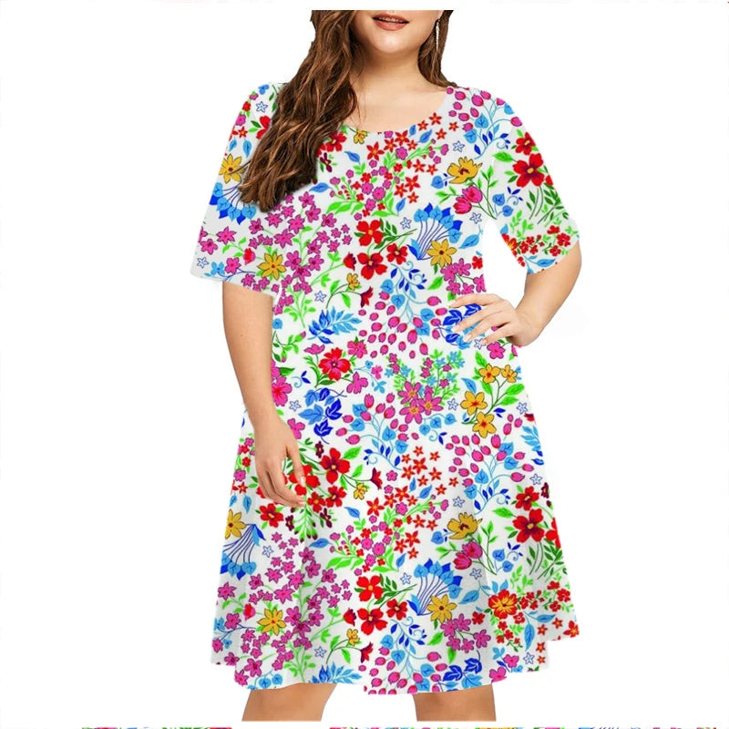 Summer Retro Short Sleeve A-Line DressWomen Plant Flower 3D Printed Dress Casual Fashion O-Neck Loose Ladies Dress Plus Size 6XL