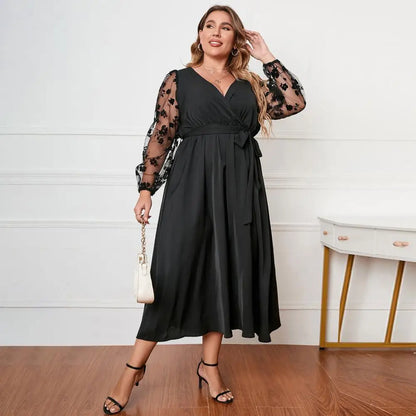 Plus Size Women Dress Elegant V-neck Embroidered Lace Mesh Midi Dress with Long Sleeves Belt for Women High Waist Wrap Hem Plus