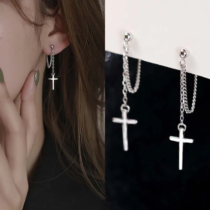 Punk Silver Color Cross Drop Earrings for Women Men Gothic Hip Hop Long Tassel Hanging Earring Jewelry Gift Bijoux