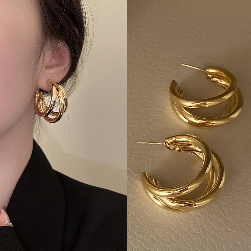 Three-Layers Gold Color Women Dangle Earrings C-Shaped Hollow Metal Drop Earrings Personality Punk Ear Jewelry Party Gifts