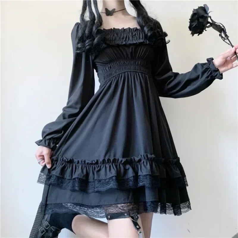 Japanese Lolita Style Women Princess Black Mini Dress Slash Neck High Waist Gothic Dress Puff Sleeve Lace Ruffles Party Dresses