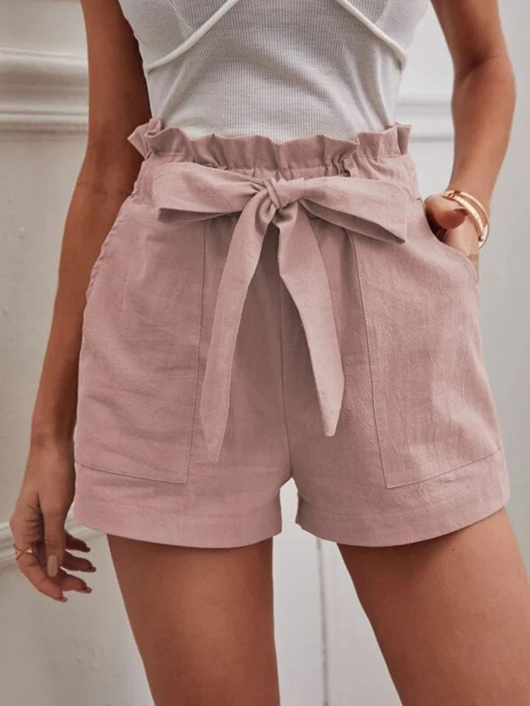 Europe and America Cross border New 2023 Summer Women's Loose Linen Casual Shorts Pockets Solid Large High Waist Wide Leg Pants