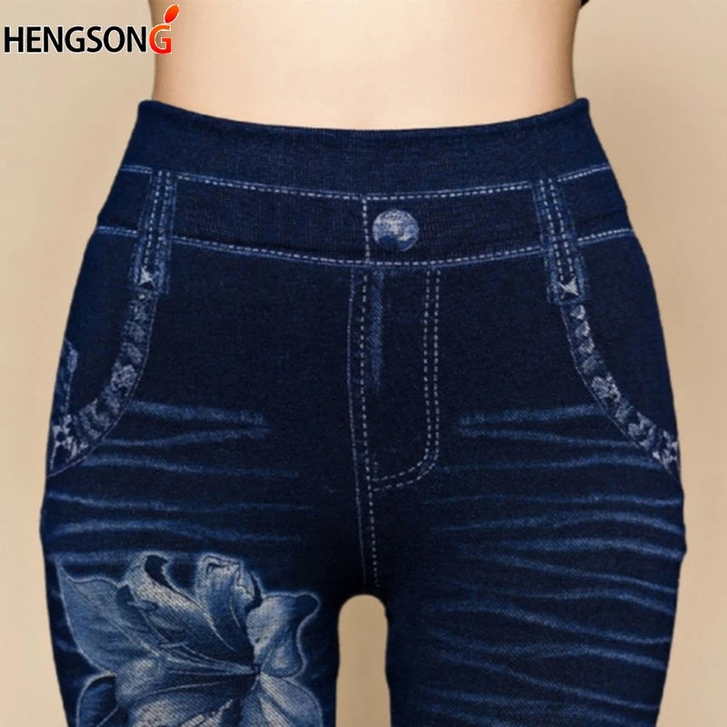 Women Jeans Leggings Fashion High Waist Leggings Female Flowers Print Ankle-Length Leggings Pants Hollow Denim Leggins