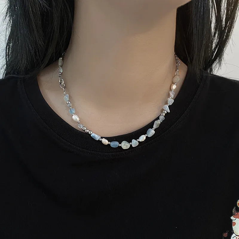 Trendy Blue Natural Stone Necklace for Women Summer Charm Irregularity Freshwater Pearl Choker Necklace Girls Jewelry Gift