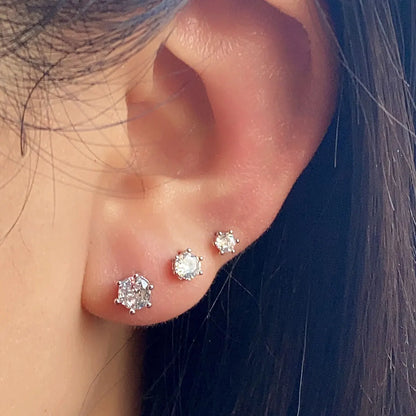 Silver Color Simple Six Prongs Shiny Zircon Crystal Stud Earrings for Women Tragus Helix Cartilage Earring Piercing Jewelry Gift