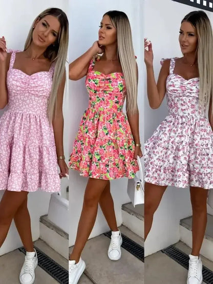 2023 Summer Fashion Short Boho Dress Women Mini Floral Print Dress Female Sleeveless Hanging Belt Printed Waist Folded Dress