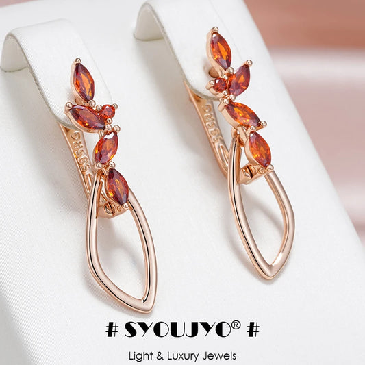 SYOUJYO Orange Red Natural Zircon Long Earrings For Women Fine Jewerly 585 Rose Gold Color Dangle Earrings