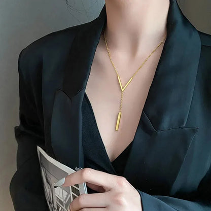 Stainless Steel V Shape Stick Pendant Necklace for Women Ladies Dainty Long Chain Necklace  Party Jewelry