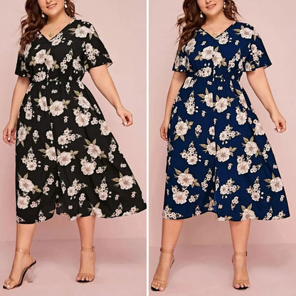 Women Midi Dress Large Hem Lady Summer Dress Short Sleeve V Neck Women Dress Tight Waist Plus Size Lady Dress Female Clothes - Sri sampi