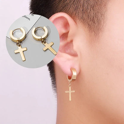 2pc Stainless Steel Men Cross Stars Punk Dangle Earrings Gothic Woman Cross Ear Hoop Earrings Huggies Pendant Piercing Jewelry - Sri sampi