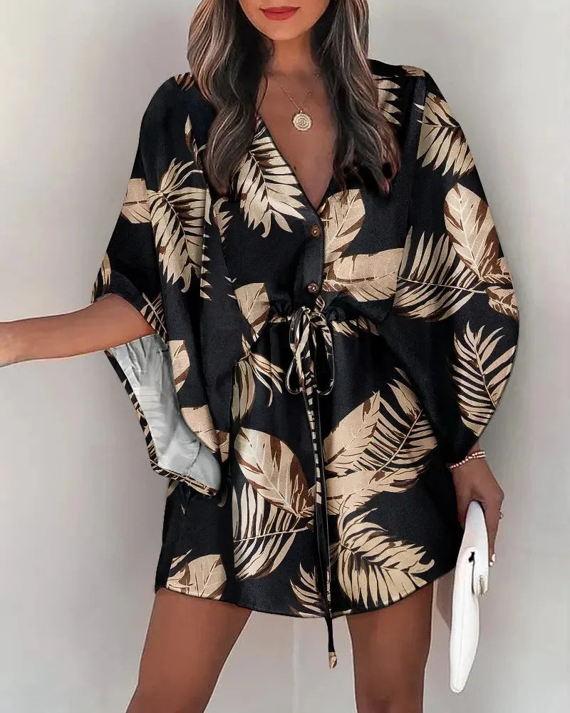 Casual Boho Beach Vacation Mini Dress Women Summer Print Lace Up Button Batwing Sleeve Dresses For Women's Loose Female Robe