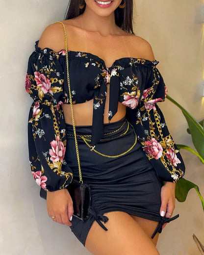 Flowers Print Slash Neck Long Sleeves Crop Top Skirts 2 Pcs Set Sexy Slim Summer Fashion Outfit Streetwear Dress Sets