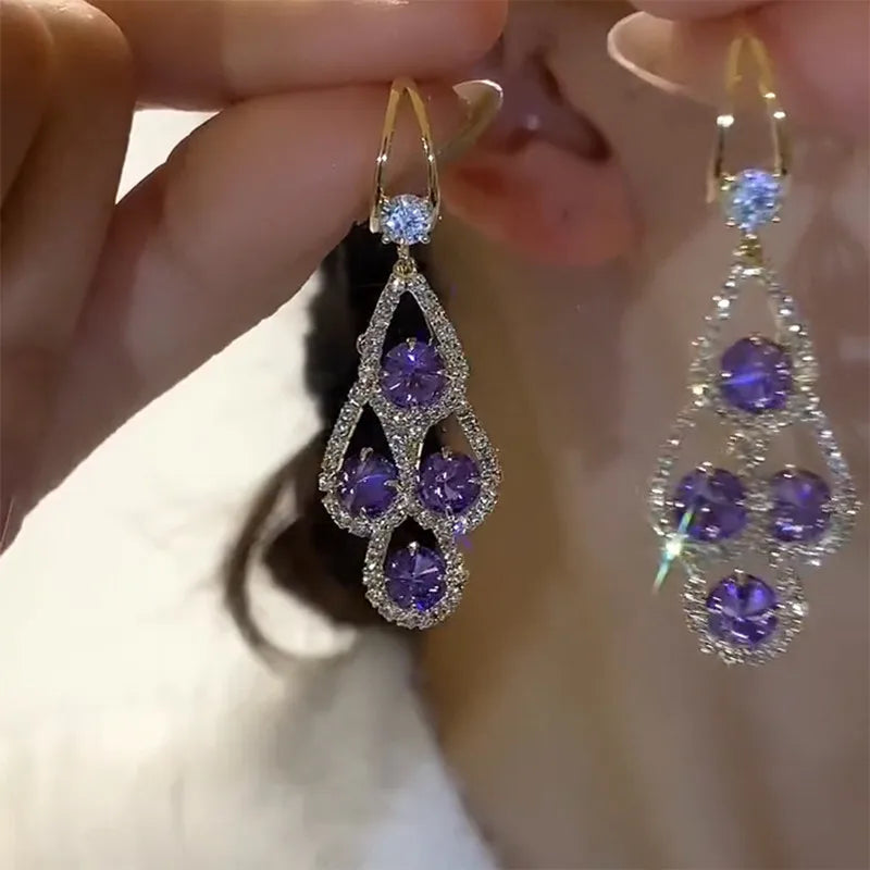 Purple Crystal Water Drop Long Tassel Earrings Women Design Sparkling Prom Accessories Party Jewelry Birthday Anniversary Gifts