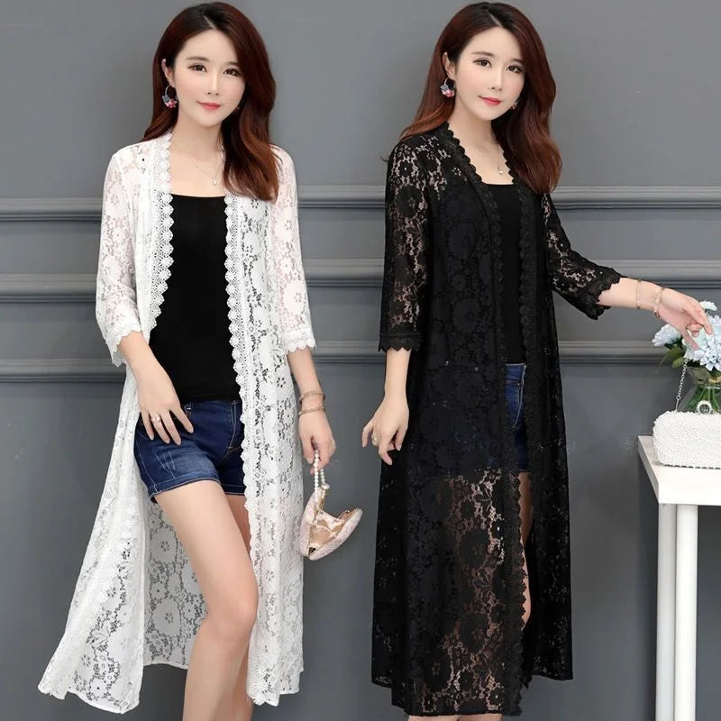 Women Lace Cardigan Mid-length Summer Mesh Shawl Loose Over-the-knee Sun Protection Clothing Women Jacket Shirt Outerwear - Sri sampi