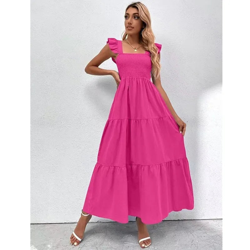 Bikoles 2023 Summer Square Collar Ruffles Sleeve Women's Casual Elegant Solid Patchwork Pleated Empire Lady Party Dress Vestidos