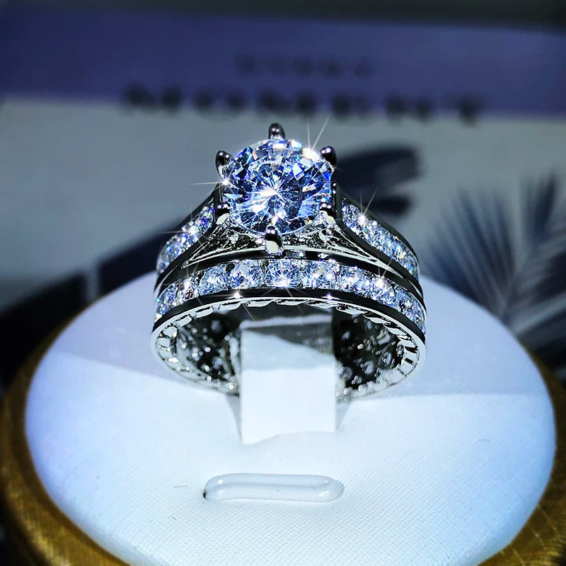 925 Silver Luxury Engagement Rings for Women 2Pcs/Set Shiny Zircon Novel Design Two Tone Elegant Female Jewelry Rings Dropship