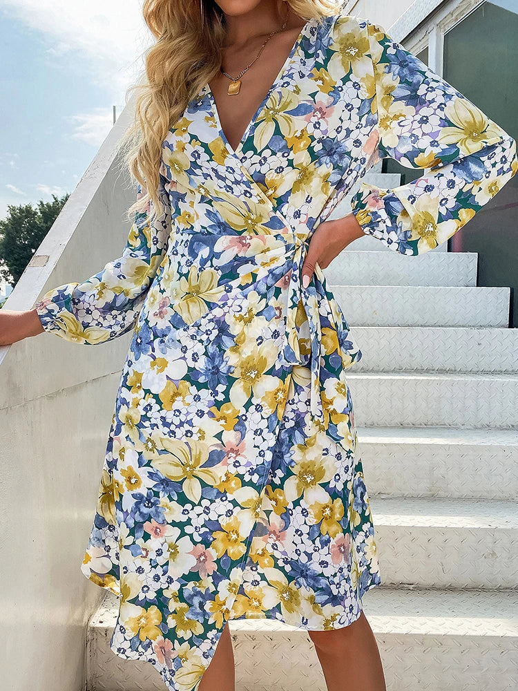 Women's Spring Summer Dress for Women 2023 Long Sleeve Floral Print Casual Midi Sun Dresses