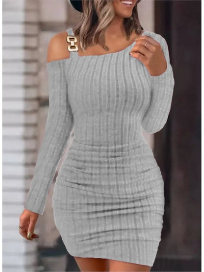 Autumn Winter New Solid Metal Button Oblique Shoulder Neck Tight Wrap Hip Slim Fit Sexy Long Sleeve Dress For Women