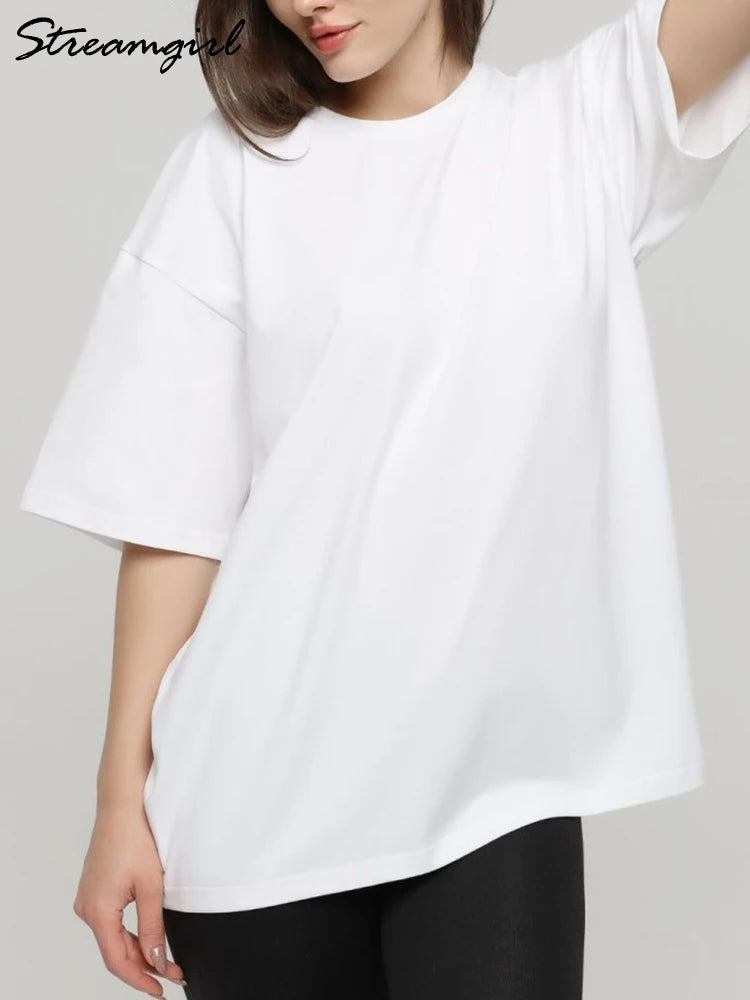 240g Summer Basic Loose Tshirts Women Oversized Solid O Neck Cotton Tops Tees Woman T-shirt 2024 Dropped Shoulder T Shirt Women - Sri sampi