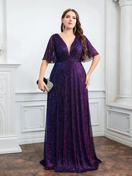 Wedding Bridesmaid Dress For Plus Size Female Fashion Plunging Neck Butterfly Sleeve Glitter Party Dresses Large Size Lady Dress