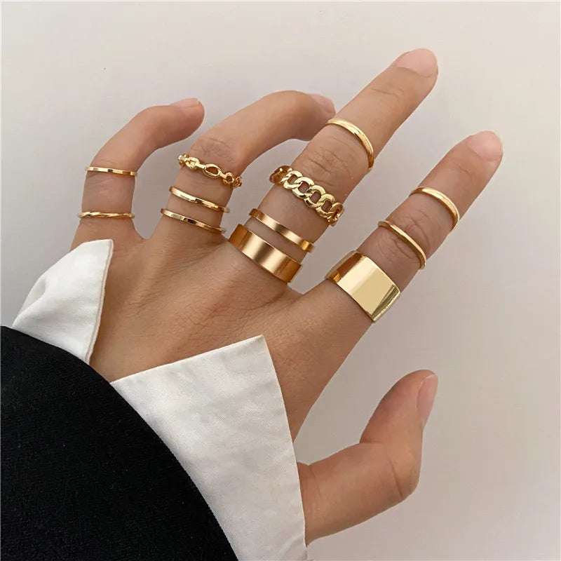 Modyle 10 pcs/set Bohemian Ring Set Gold Silver Color Wide Rings For Women Girls Simple Chain Finger Tail Rings