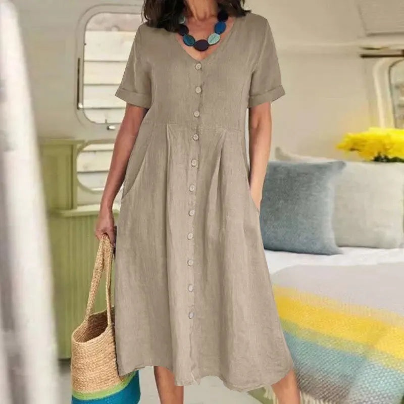 Women's Clothing Summer Casual V Neck Short Sleeve Cotton Linen Midi Dress Solid Loose High Waist Elegant Party Dresses Vestidos