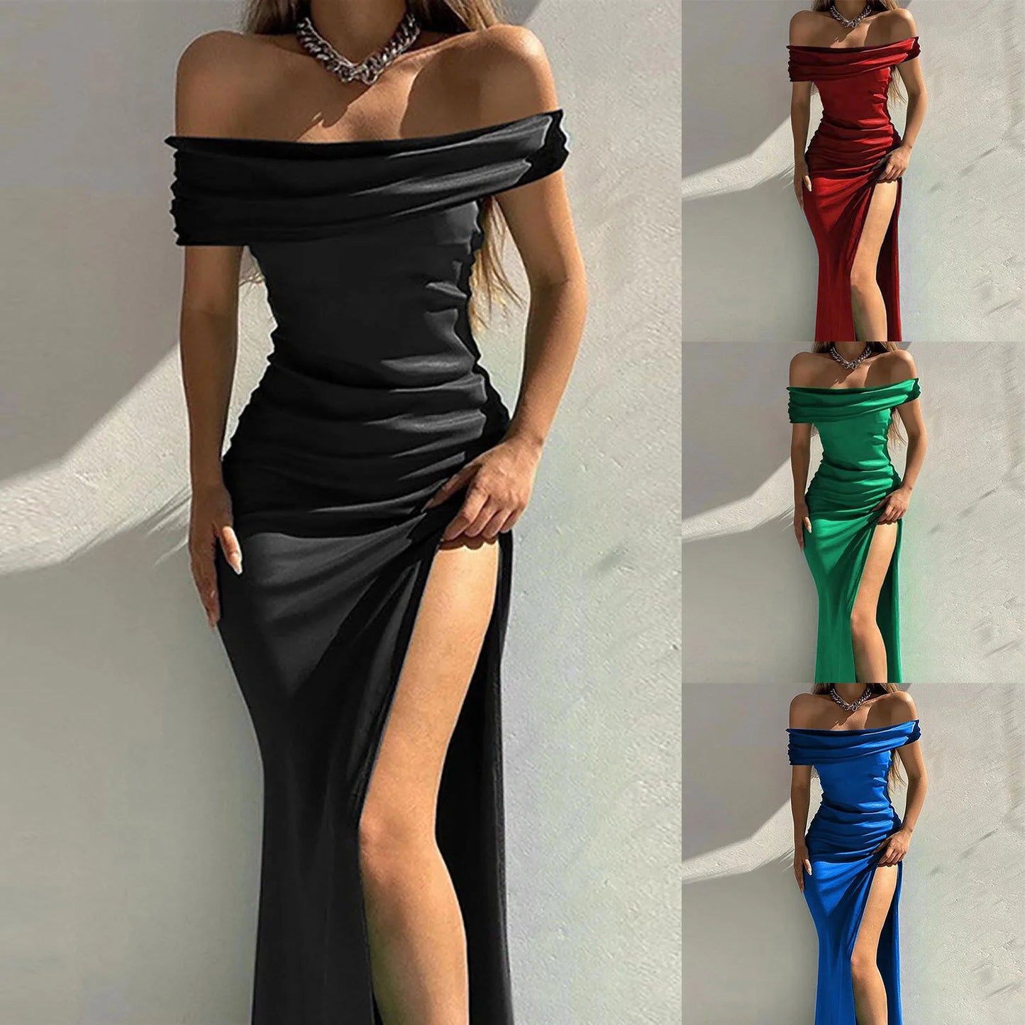 Women's Formal Dresses Fashion Solid Color Off Shoulder Satin Slim Side Slit Midi Dress Elegant Party Evening Dress For Women