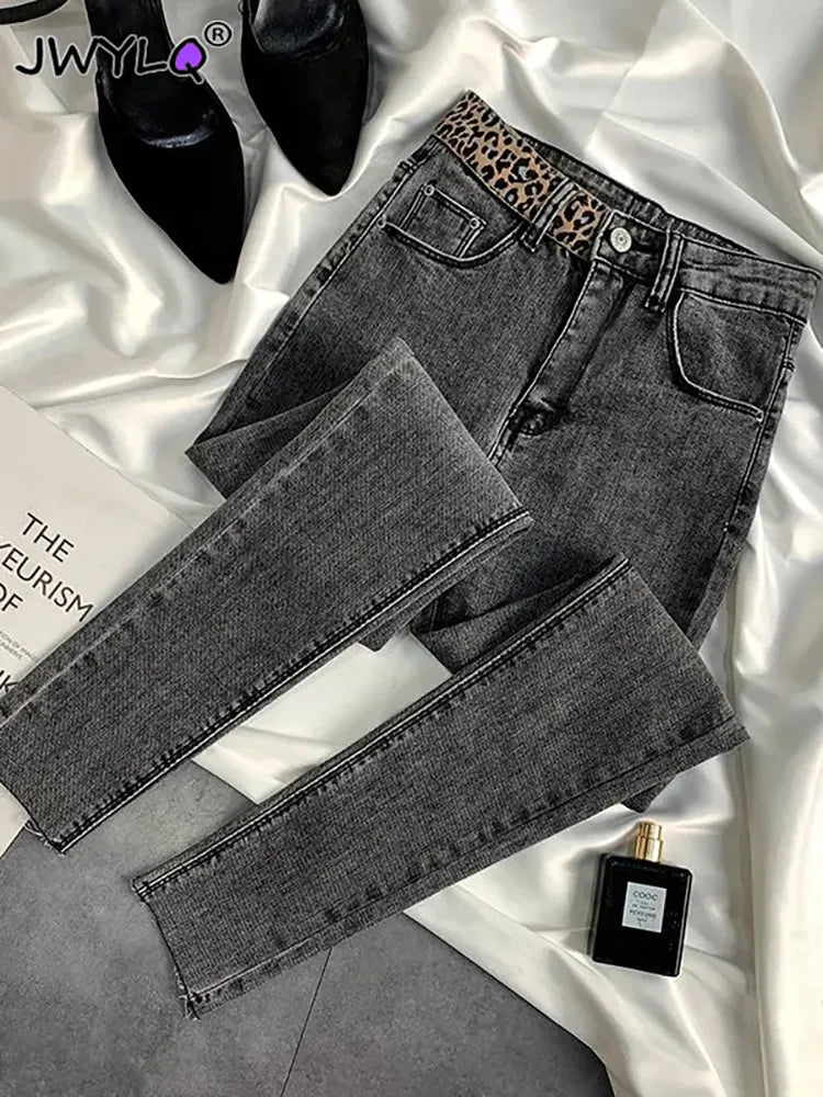 Classic High Waist Leopard Print Skinny Pencil Denim Pants Spring Autumn Slim Stretch Streetwear Women Pants Ankle-length Jeans