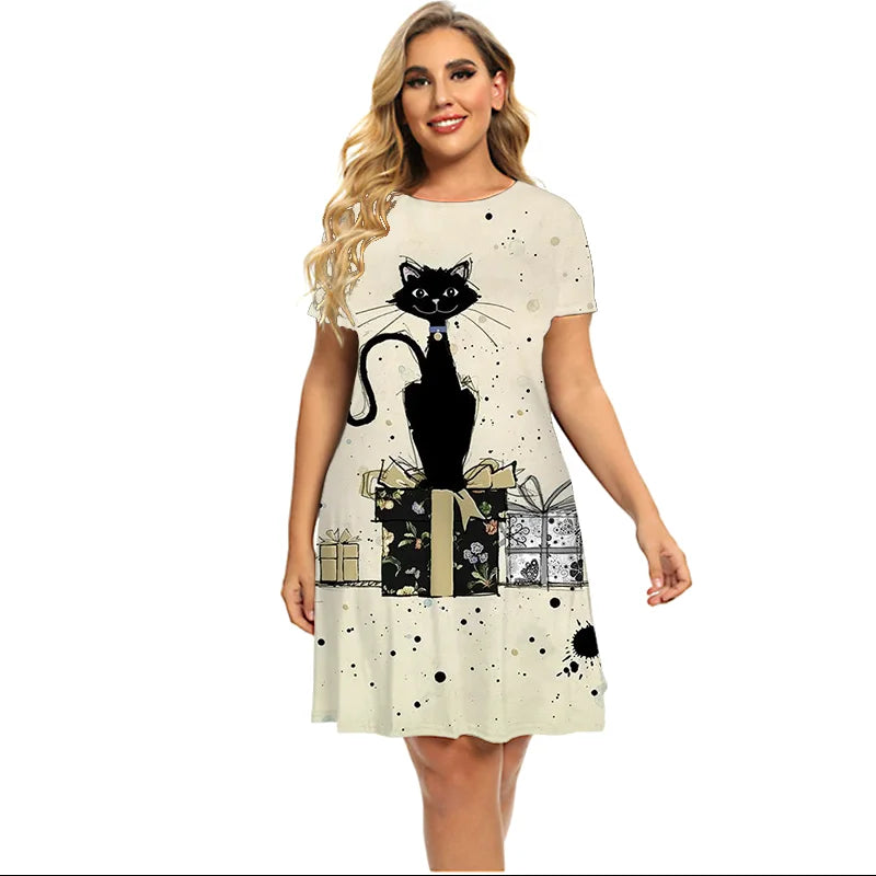 6XL Women Funny Cats Dress Fashion Short Sleeve Kawaii Dresses Lady 2022 Summer Clothing Casual O-Neck Loose Dress Plus Size 5XL