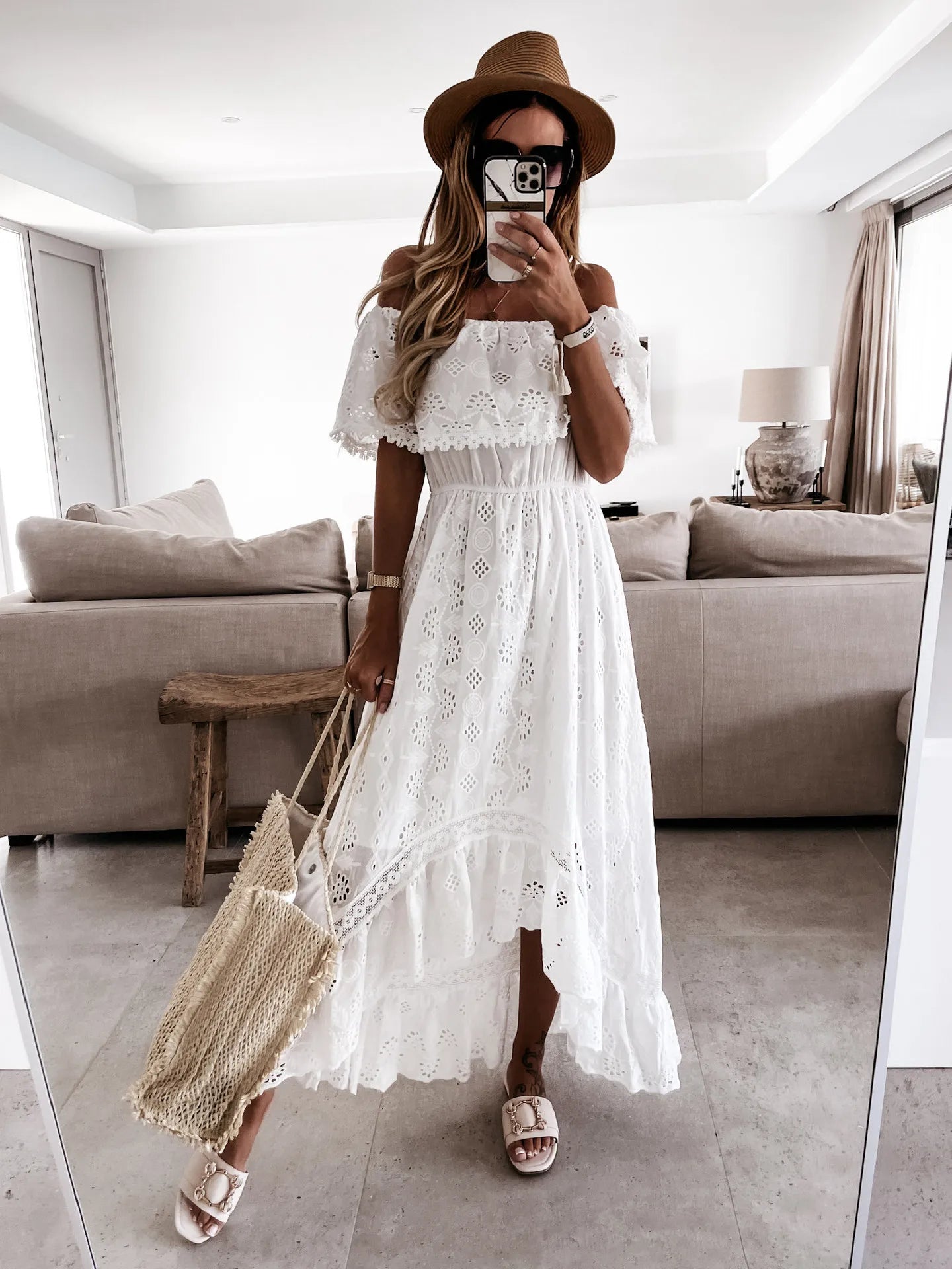 Summer White Dress for Women 2023  Lace Hem Bohemia Short Sleeve High Waist  Dress V-Neck Long Casual Ruffle Maxi Dress