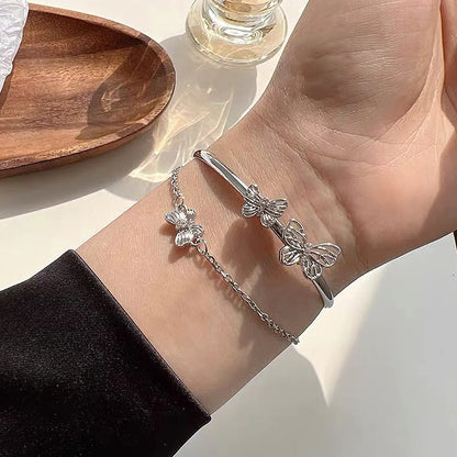 Fashion Hollow Butterfly Bangle Bracelet Silver Color Double Layer Tassel Chain Bracelet For Women Girls