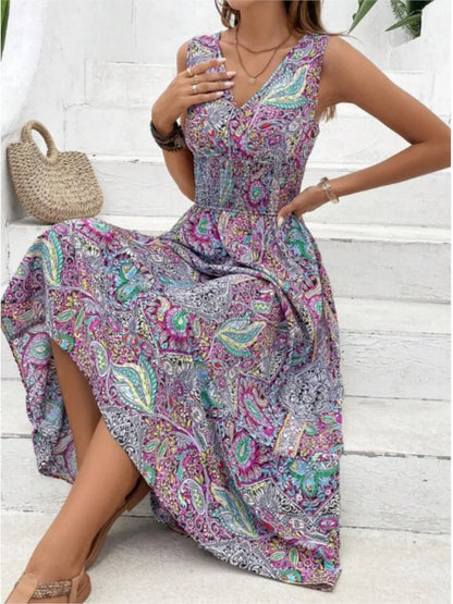 Summer Boho Dress Women Fahsion Sleeveless Print Beach Party Dresses Elegant Casual Holiday Female Dress For Women Robe Femme