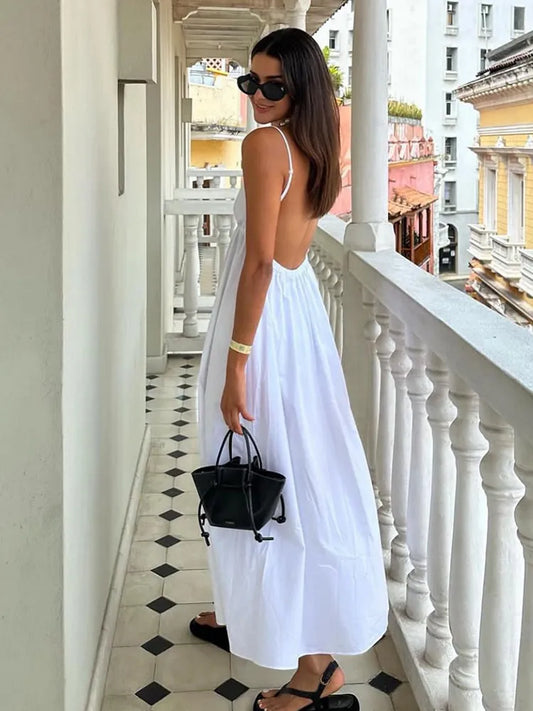 Sexy Backless Midi Dress Sleeveless V Neck Dress 2023 Fashion Summer Woman Causal Loose Beach Dress Holiday White Long Dress