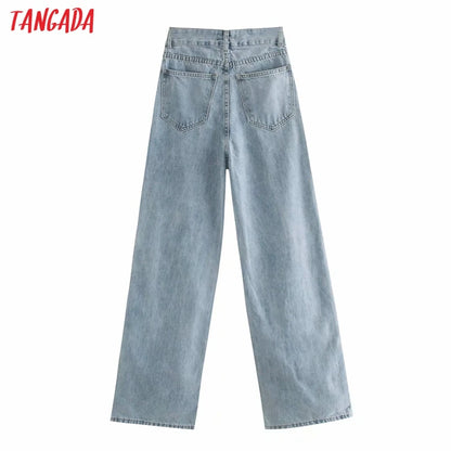 Tangada 2024 Women High Waist Overlength Jeans Pants Trousers Pockets Zipper Female Wide Leg Denim Pants 4M520