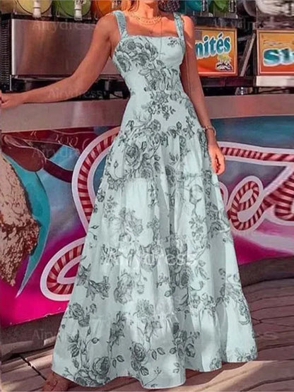 Long Dresses For Women Flower Printed Spaghetti Strap High Waist Large Skirt Hem Ladies Maxi Dress 2023 Summer Boho Beach Party