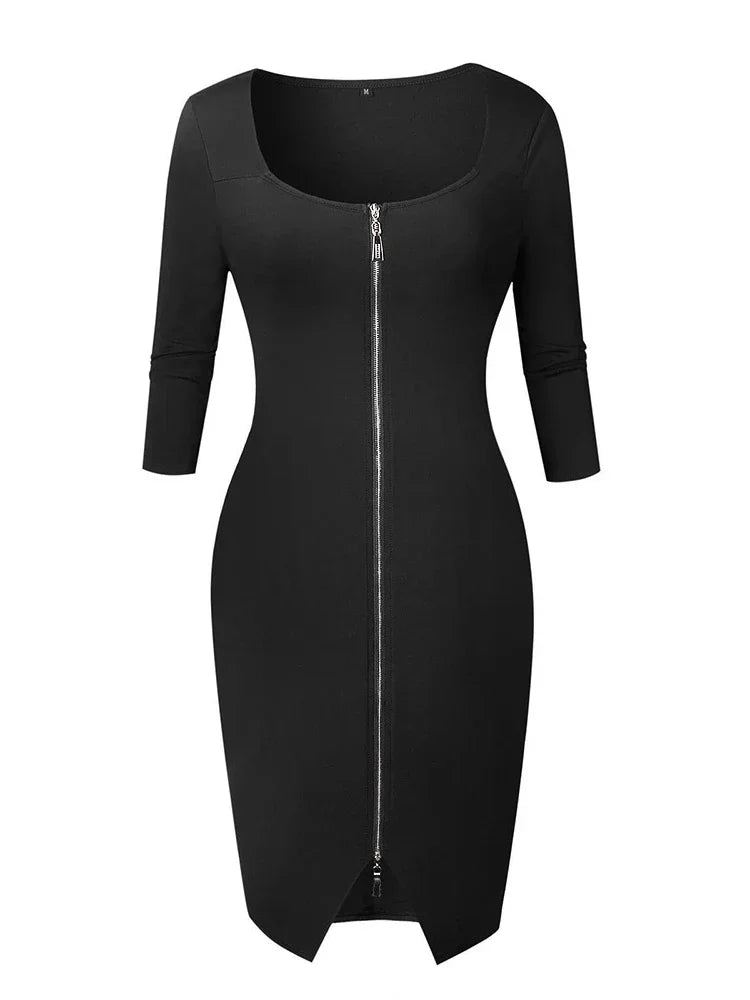 Sexy Long Zipper Girdling Waist Slim Bodycon Dress Women Half Sleeves Solid Color Skinny Dress Elegant Club Party Vestidos