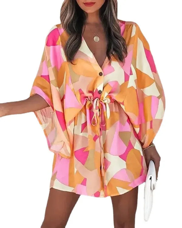 Casual Boho Beach Vacation Mini Dress Women Summer Print Lace Up Button Batwing Sleeve Dresses For Women's Loose Female Robe