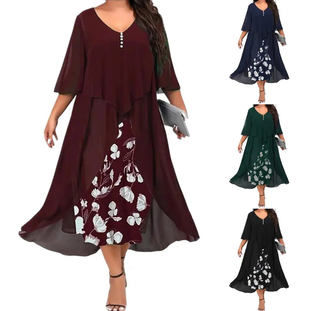 Stylish Women Dress Loose Waist Button Decor Floral Pattern Female Long Dress  Plus Size Maxi Dress for Work