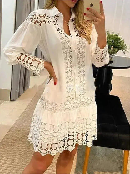 Women Lace Stitching Sexy Hollow Out Shirt Dress Elegant Office Lady Dress 2024 Spring Casual Long Sleeve White Green Dresses Sri sampi