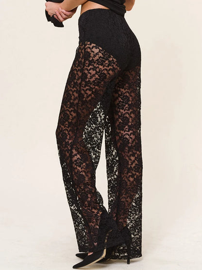 See-Through Lace High Waist Pants for Women Wide Leg Flare Pants Bell-Bottoms Trousers Streetwear