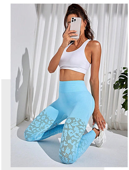 Women Seamless Leggings  Hollow Out Gym Leggings Ladies High