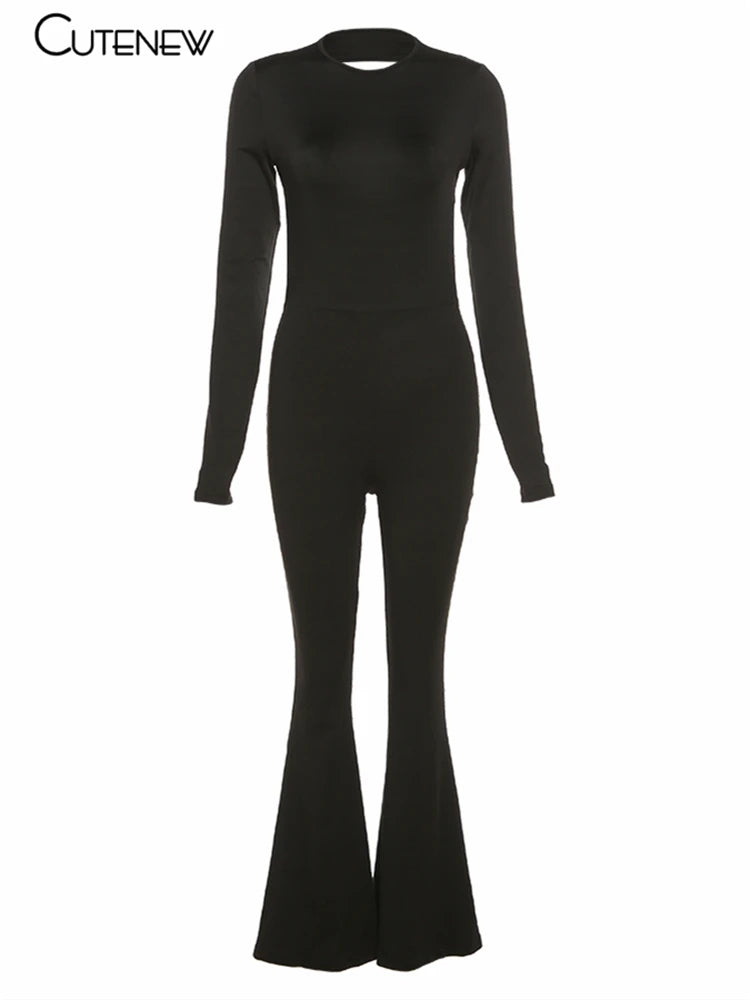 Cutenew Solid Black Sexy Backless Bodycon Wide Leg Jumpsuit Women Autumn Casual Slim Long Sleeve O-Neck Playsuit Lady Streetwear