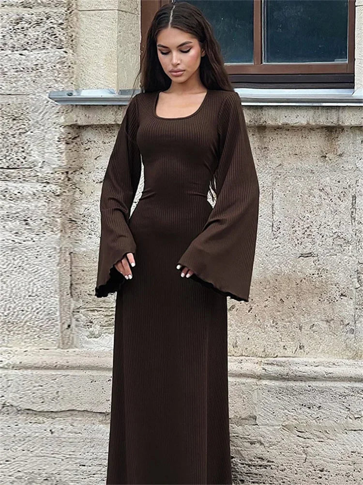 Tossy Scoop Neck Lace-Up Ribbed Maxi Dress Female Long Sleeve Fashion Slim Loose Bandage Dress Autumn 2023 Solid Women Dress New