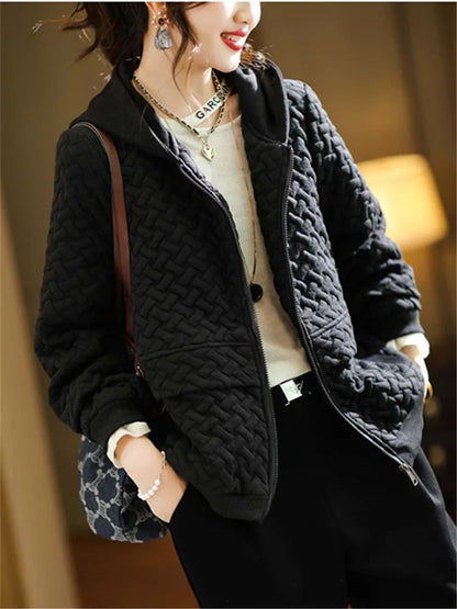 Cappotto casual con cappuccio Giacca da donna di fascia alta da donna Autunno e inverno Nuovo capispalla patchwork con cappotto nero di base con cerniera corta